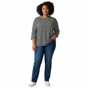 Chico's 3 Black White Striped Tunic Top Zip Pockets Stretch Long Sleeve XL‎